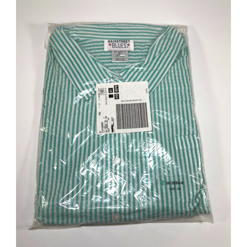 Mainstreet Blues Shirt Womens 5X Green White Button Up Striped VTG Sealed NWT